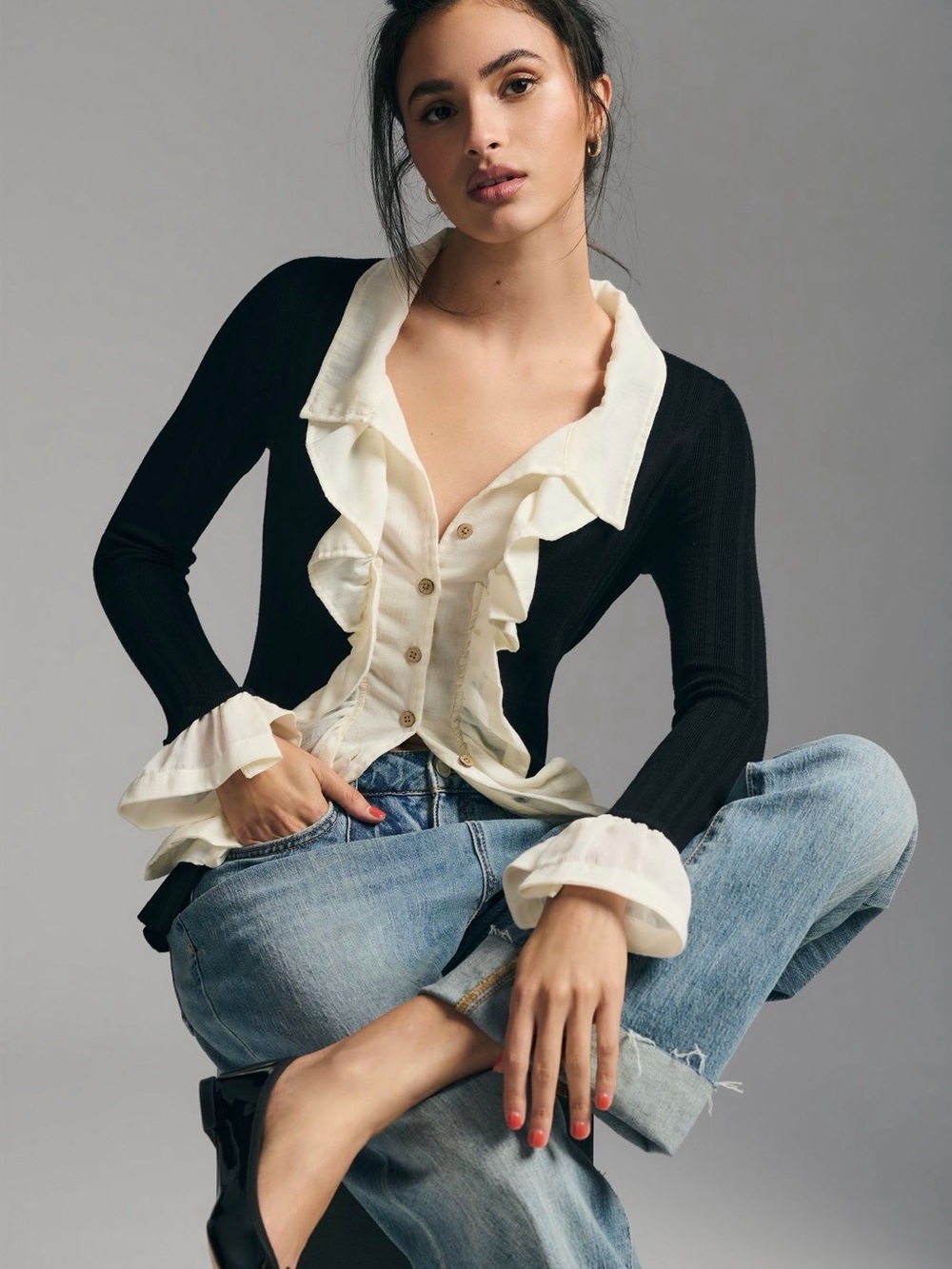 Anthropologie Ruffle Front Cardigan Sweater, L